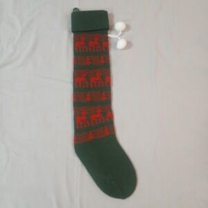 Vtg Knit Christmas Stocking Red Green Reindeer Retro Sweater Yarn Crochet